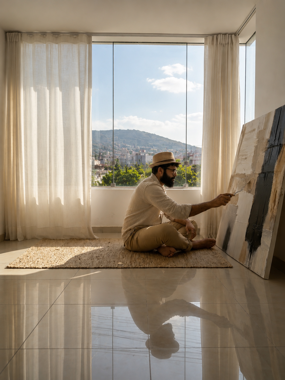 Irving Rodríguez pintando en el estudio